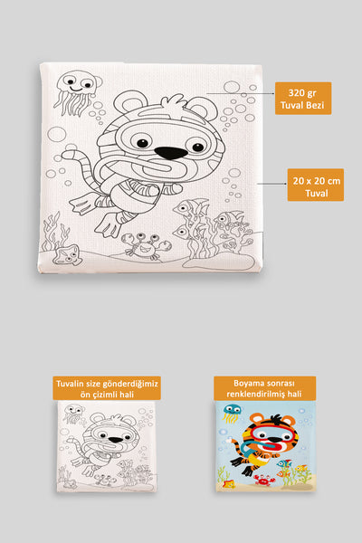 Sevimli Kaplan ve Denizaltı Ön Çizimli Boyama Tuvali 9069