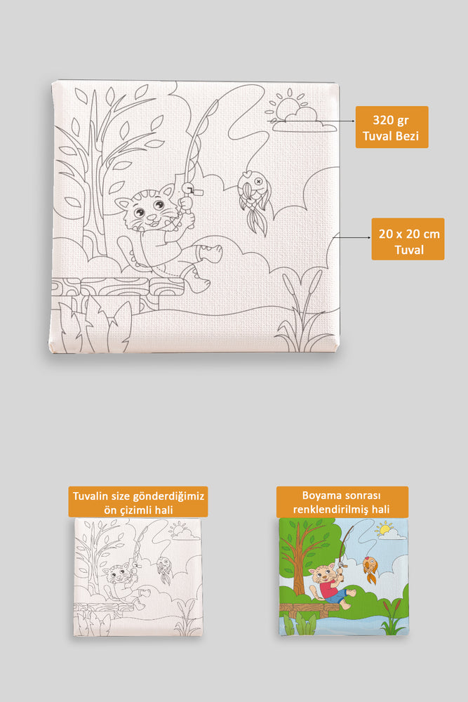 Balık Yakalayan Sevimli Kedi Ön Çizimli Boyama Tuvali 9072