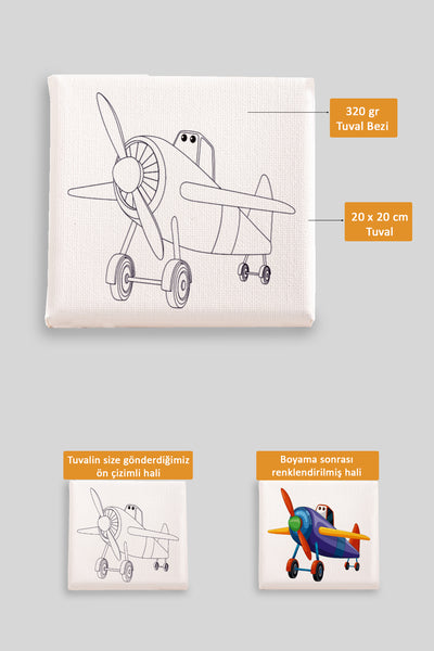 Sevimli Renkli Uçak Ön Çizimli Boyama Tuvali 9030