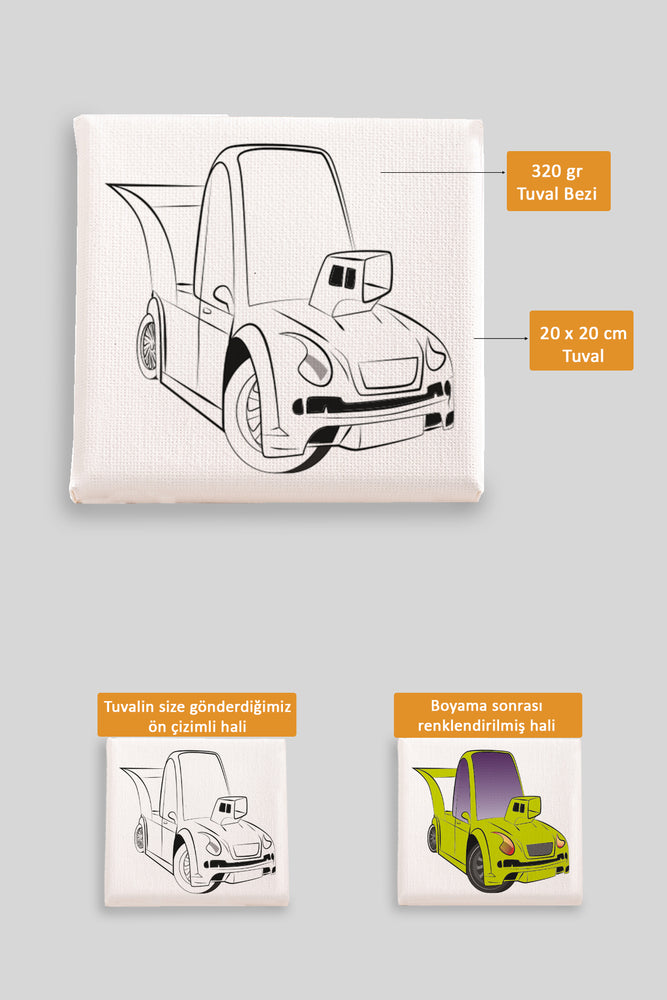 Sevimli Yeşil Araba Ön Çizimli Boyama Tuvali 9191