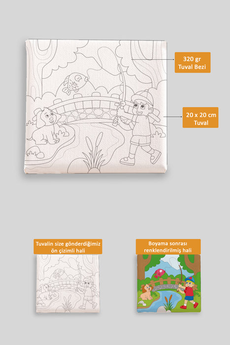 Balık Yakalayan Çocuk ve Dostu Ön Çizimli Boyama Tuvali 9070