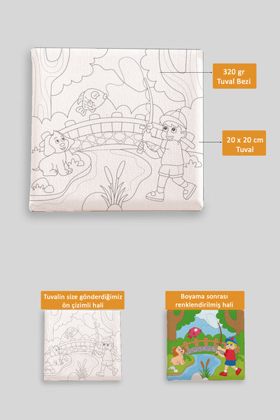 Balık Yakalayan Çocuk ve Dostu Ön Çizimli Boyama Tuvali 9070