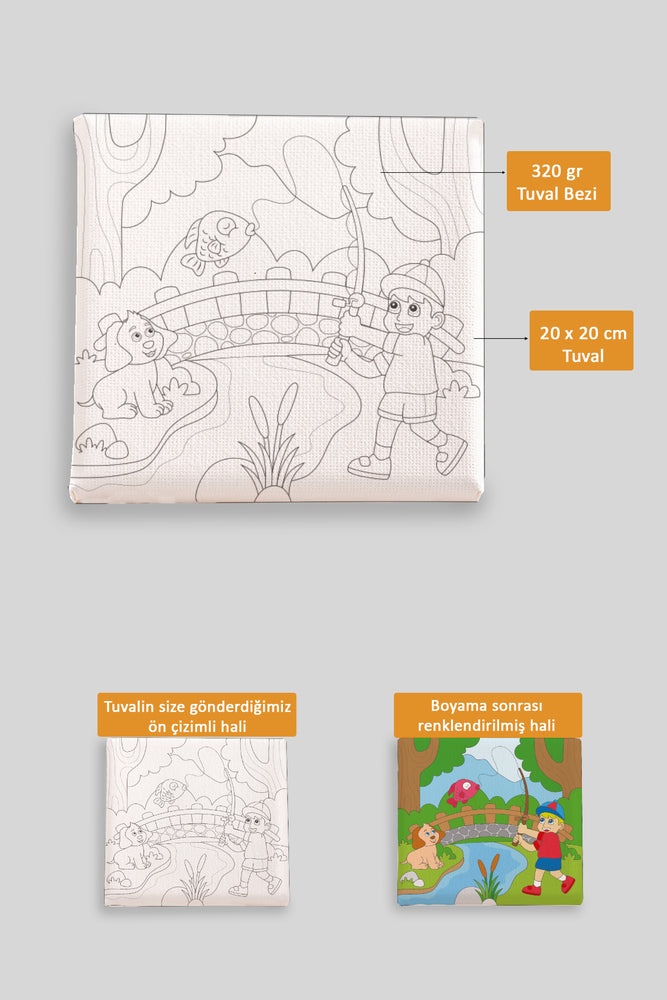 Balık Yakalayan Çocuk ve Dostu Ön Çizimli Boyama Tuvali 9070