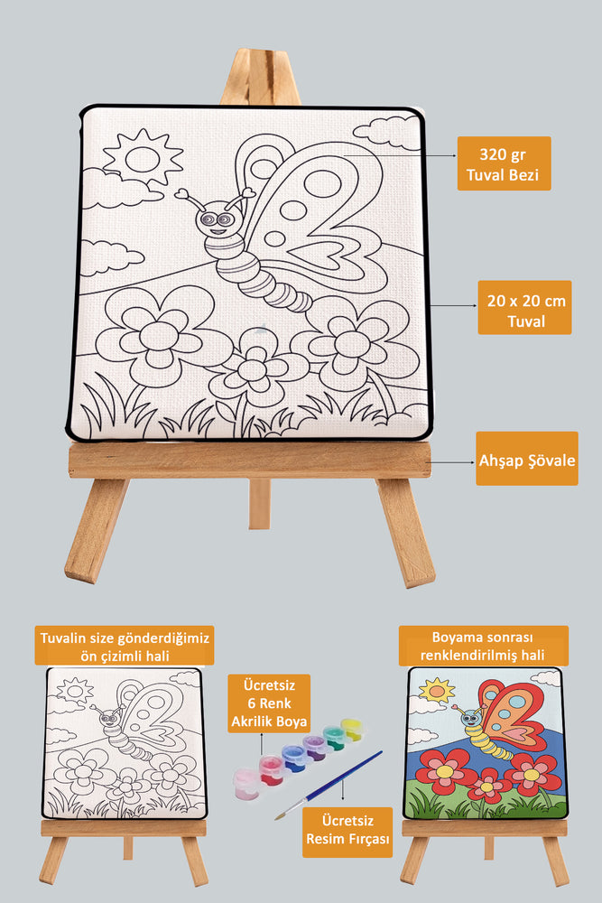 Sevimli Renkli Kelebek, Çocuk Eğitici Tuval Boyama Hobi Seti 9172