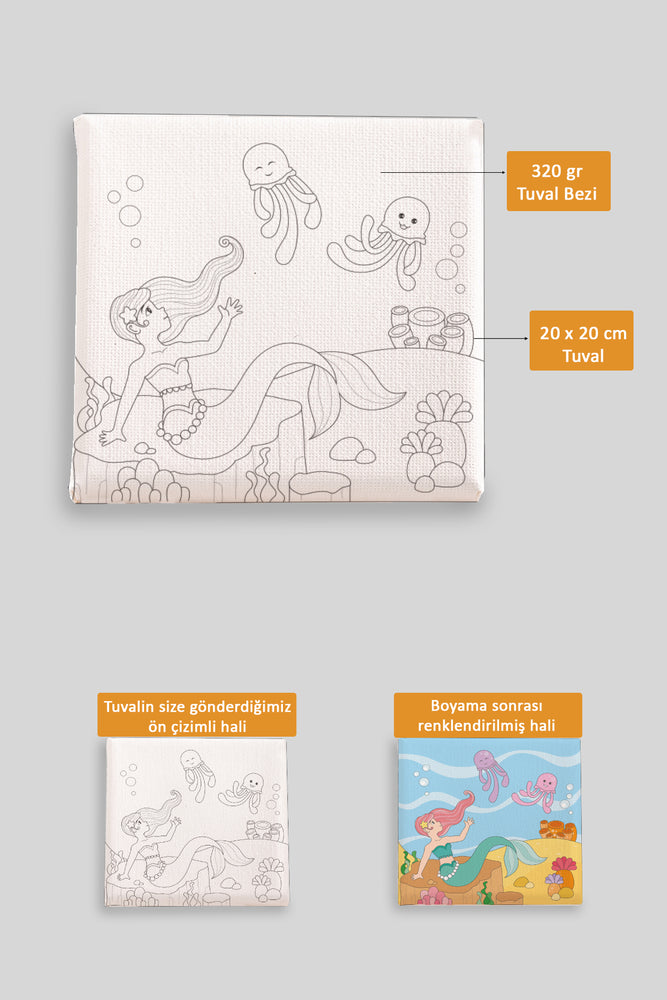 Sevimli Denizkızı ve Balıklar Ön Çizimli Boyama Tuvali 9093