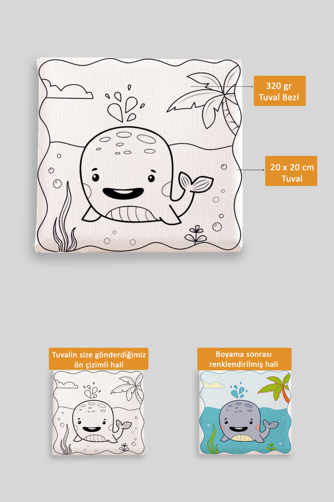 Sevimli Mavi Balina Ön Çizimli Boyama Tuvali 9185