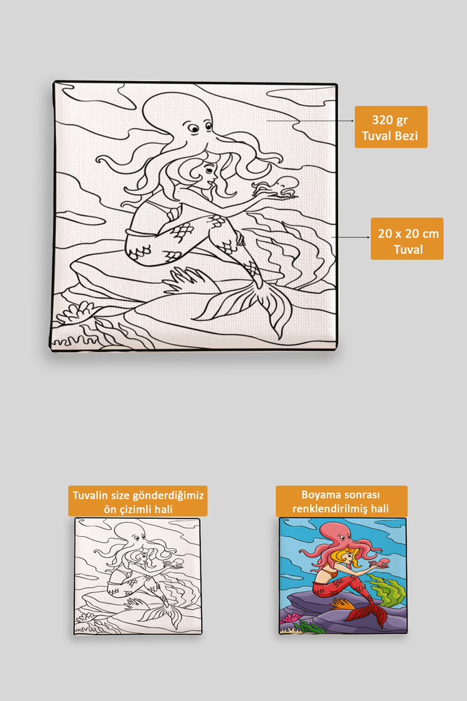 Sevimli Denizkızı ve Ahtapot Ön Çizimli Boyama Tuvali 9188