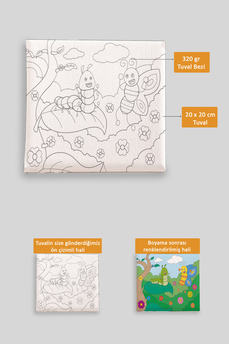 Sevimli Tırtıl ve Kelebek Ön Çizimli Boyama Tuvali 9087