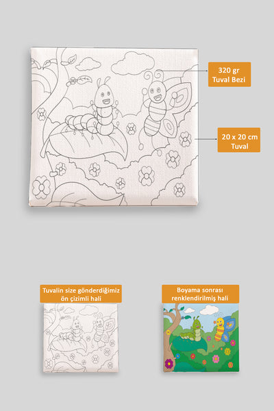 Sevimli Tırtıl ve Kelebek Ön Çizimli Boyama Tuvali 9087