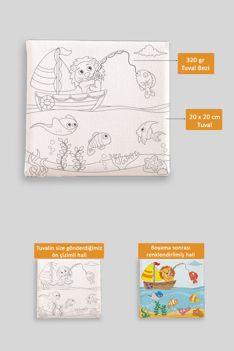 Sevimli Aslan Balık Tutuyor Ön Çizimli Boyama Tuvali 9082