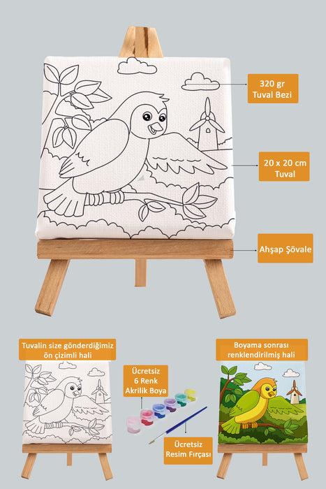 Sevimli Renkli Kuş, Çocuk Eğitici Tuval Boyama Hobi Seti 9004