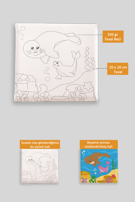 Sevimli Fok Balıkları Ön Çizimli Boyama Tuvali 9034