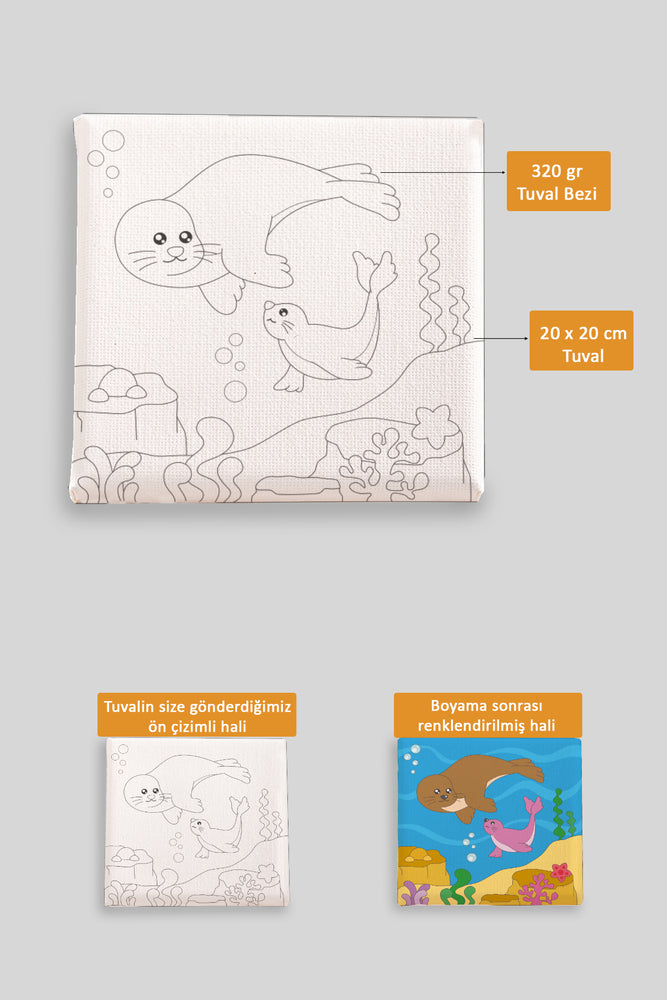 Sevimli Fok Balıkları Ön Çizimli Boyama Tuvali 9034