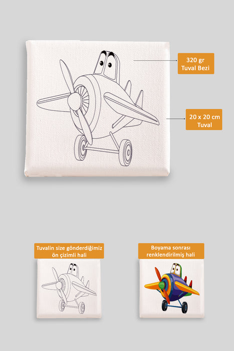 Sevimli Renkli Uçak Ön Çizimli Boyama Tuvali 9029
