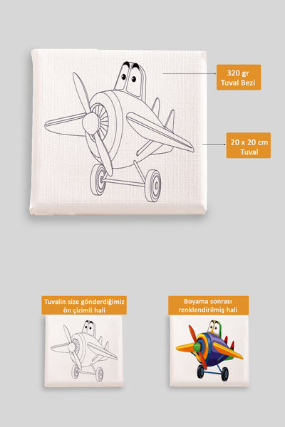 Sevimli Renkli Uçak Ön Çizimli Boyama Tuvali 9029