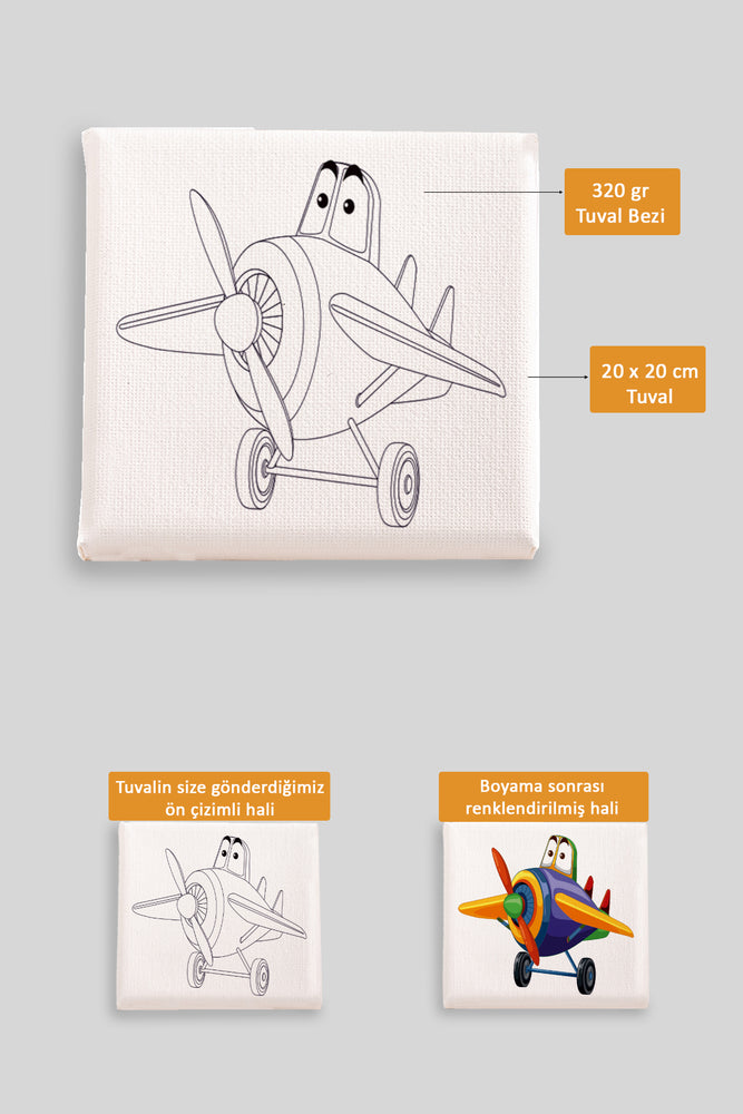 Sevimli Renkli Uçak Ön Çizimli Boyama Tuvali 9029