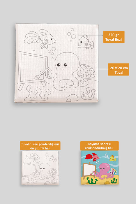 Resim Çizen Sevimli Ahtapot Ön Çizimli Boyama Tuvali 9085