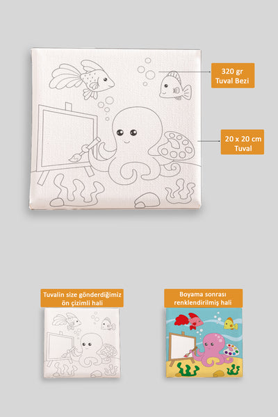 Resim Çizen Sevimli Ahtapot Ön Çizimli Boyama Tuvali 9085