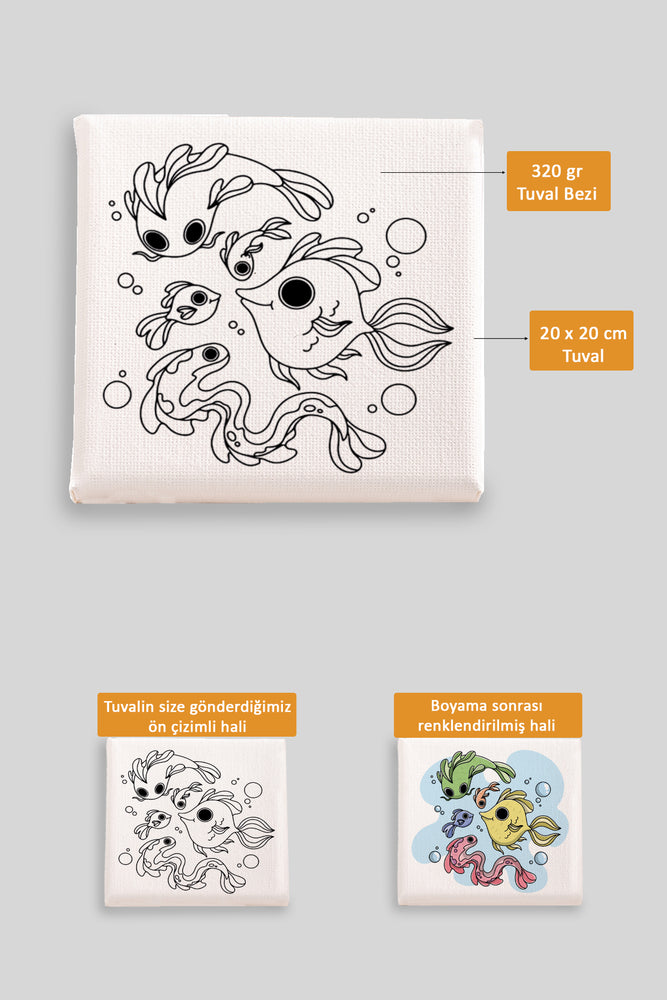 Sevimli Balıklar Ön Çizimli Boyama Tuvali 9145
