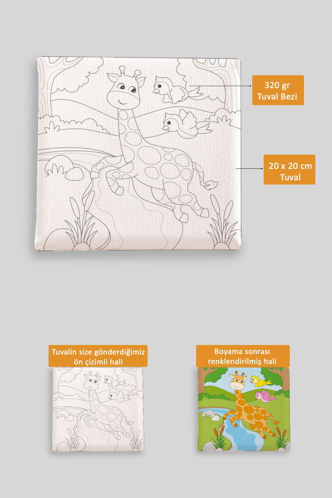 Sevimli Zürafa ve Kuşlar Ön Çizimli Boyama Tuvali 9079