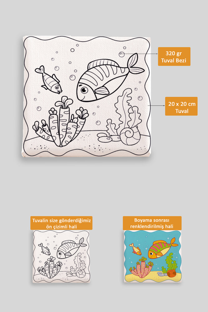Sevimli Denizaltı Canlıları Ön Çizimli Boyama Tuvali 9180