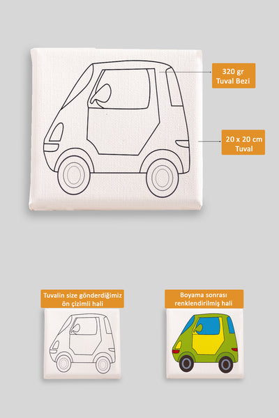 Sevimli Yeşil Araba Ön Çizimli Boyama Tuvali 9025