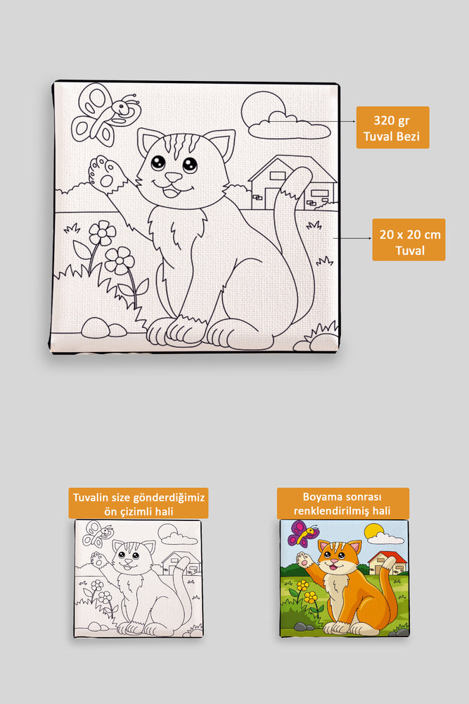 Sevimli Kedi ve Kelebek Ön Çizimli Boyama Tuvali 9019