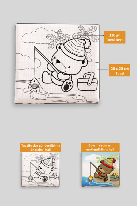 Sevimli Balık Tutan Ayı Ön Çizimli Boyama Tuvali 9067