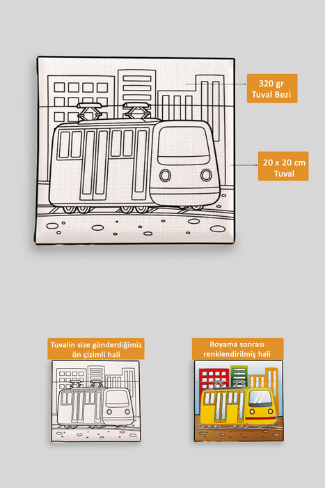 Sevimli Sarı Tramvay Ön Çizimli Boyama Tuvali 9211