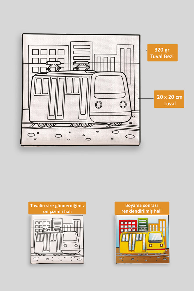 Sevimli Sarı Tramvay Ön Çizimli Boyama Tuvali 9211