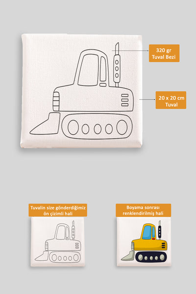 Sevimli Sarı İş Makinası Ön Çizimli Boyama Tuvali 9026