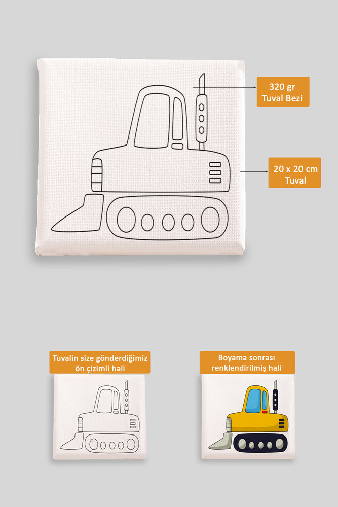 Sevimli Sarı İş Makinası Ön Çizimli Boyama Tuvali 9026