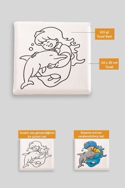 Sevimli Kız ve Yunus Balığı Ön Çizimli Boyama Tuvali 9005