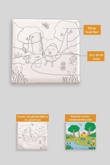 Balık Tutan Sevimli Civciv Ön Çizimli Boyama Tuvali 9107