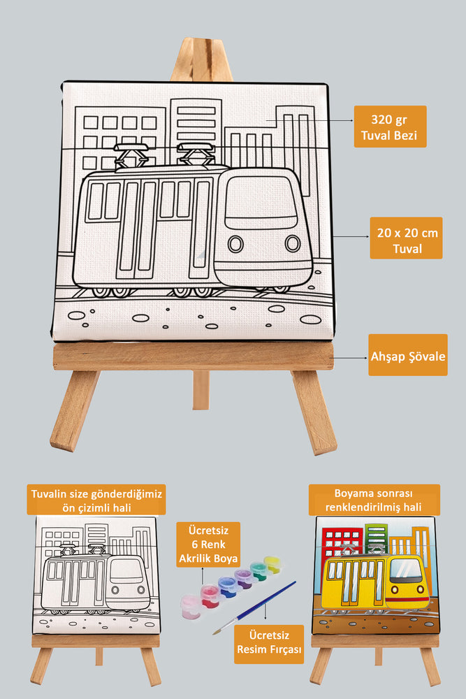 Sevimli Sarı Tramvay, Çocuk Eğitici Tuval Boyama Hobi Seti 9211