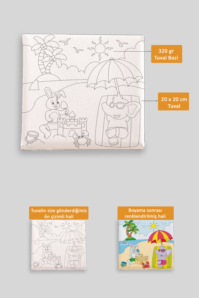 Tatil Yapan Sevimli Hayvanlar Ön Çizimli Boyama Tuvali 9031