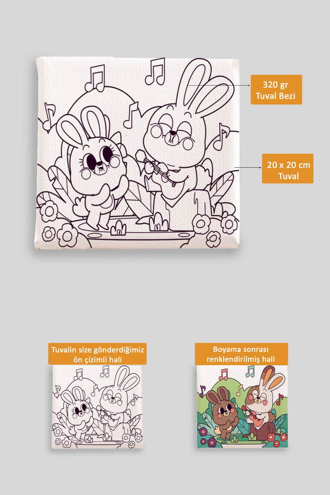 Sevimli Tavşanlar Ön Çizimli Boyama Tuvali 9131