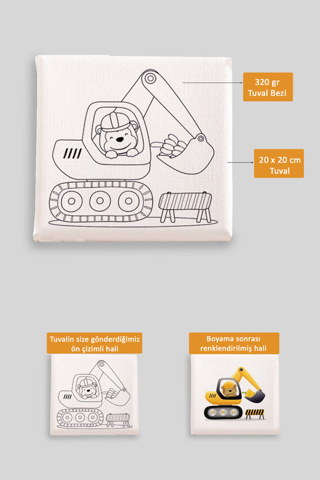Sevimli Ekskavatör Kepçe Ön Çizimli Boyama Tuvali 9223
