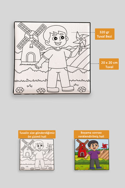 Sevimli Çocuk ve Yel Değirmeni Ön Çizimli Boyama Tuvali 9208