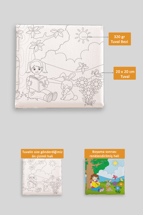 Kitap Okuyan Sevimli Kız Ön Çizimli Boyama Tuvali 9080