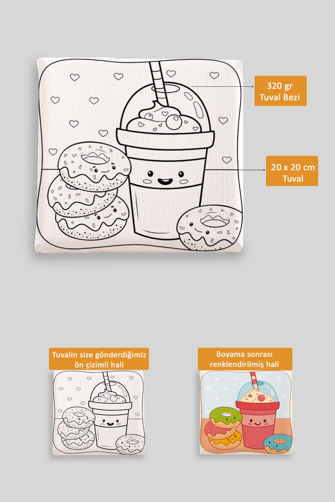 Sevimli Donut ve Milkshake Ön Çizimli Boyama Tuvali 9045