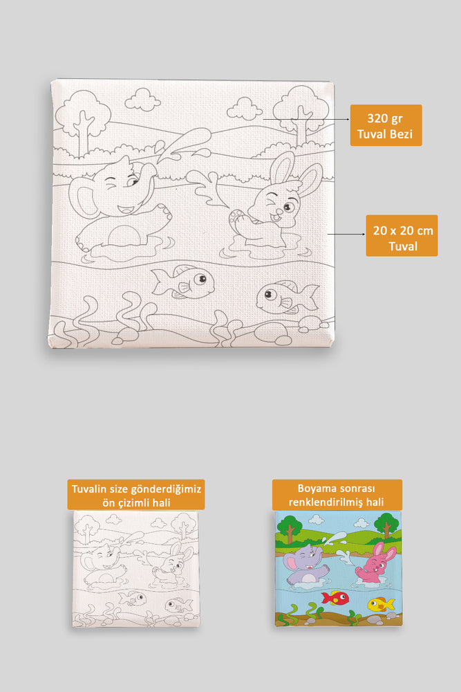 Nehirde Eylenen Sevimli Hayvanlar Ön Çizimli Boyama Tuvali 9094