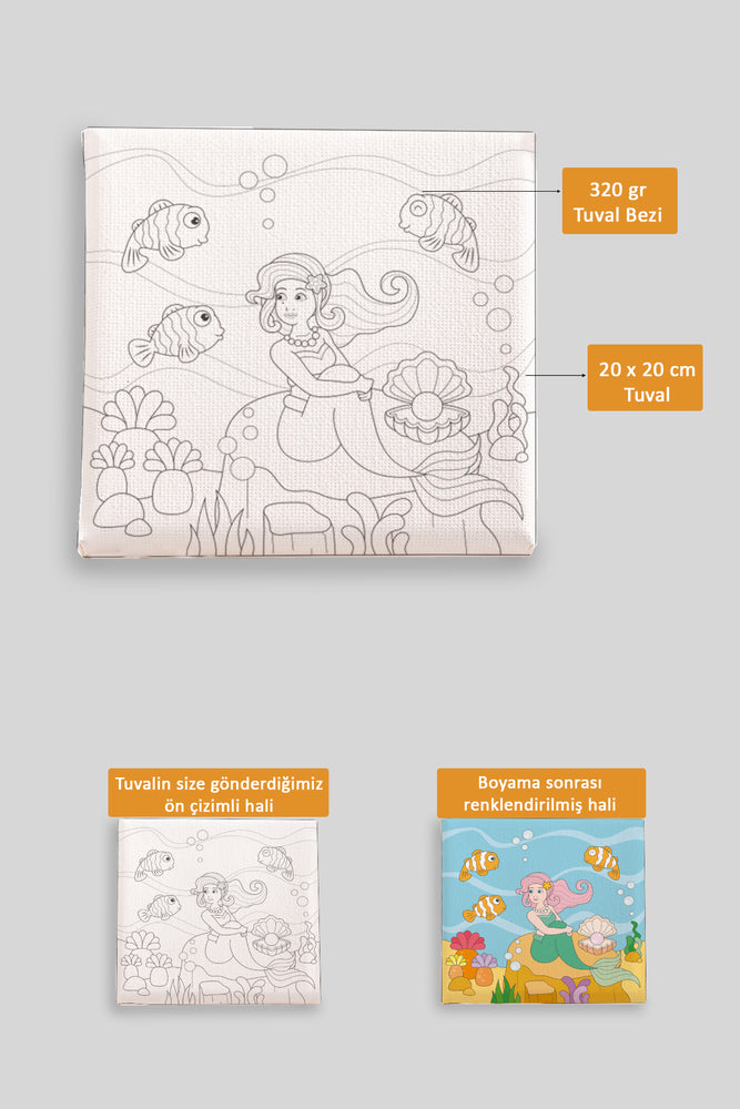 Sevimli Denizkızı ve Balıklar Ön Çizimli Boyama Tuvali 9084