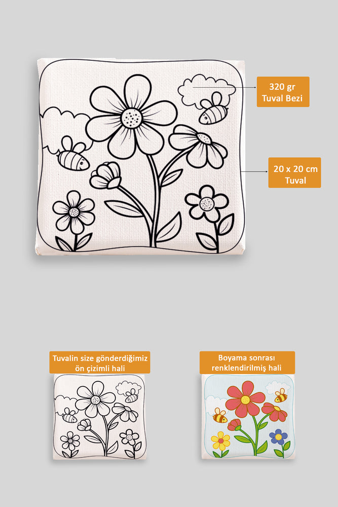 Sevimli Arılar ve Çiçekler Ön Çizimli Boyama Tuvali 9047