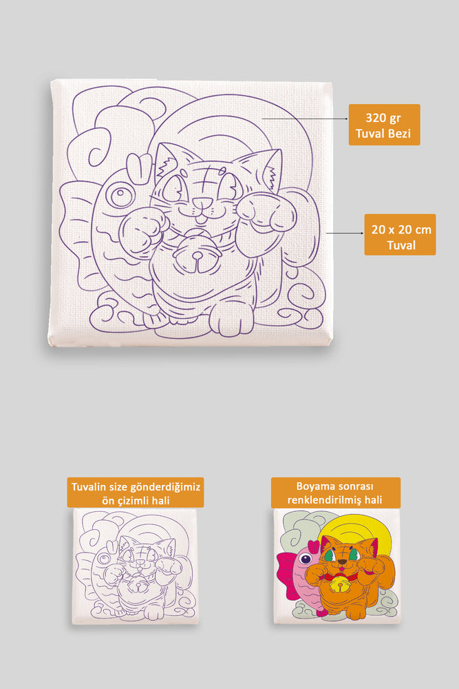 Sevimli Kedi ile Balık Ön Çizimli Boyama Tuvali 9000