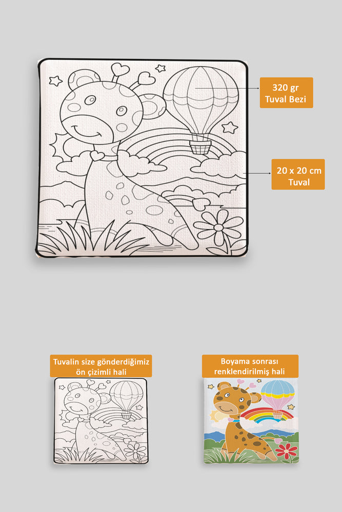 Sevimli Zürafa ve Hava Balonu Ön Çizimli Boyama Tuvali 9060