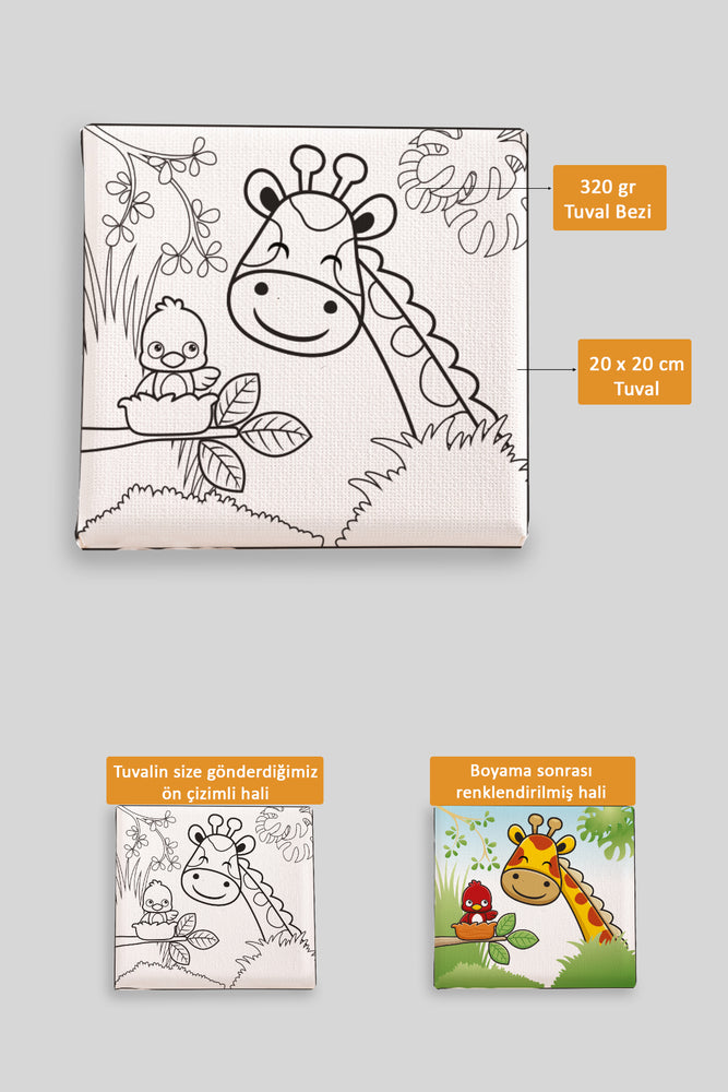 Sevimli Zürafa ve Kuş Ön Çizimli Boyama Tuvali 9068