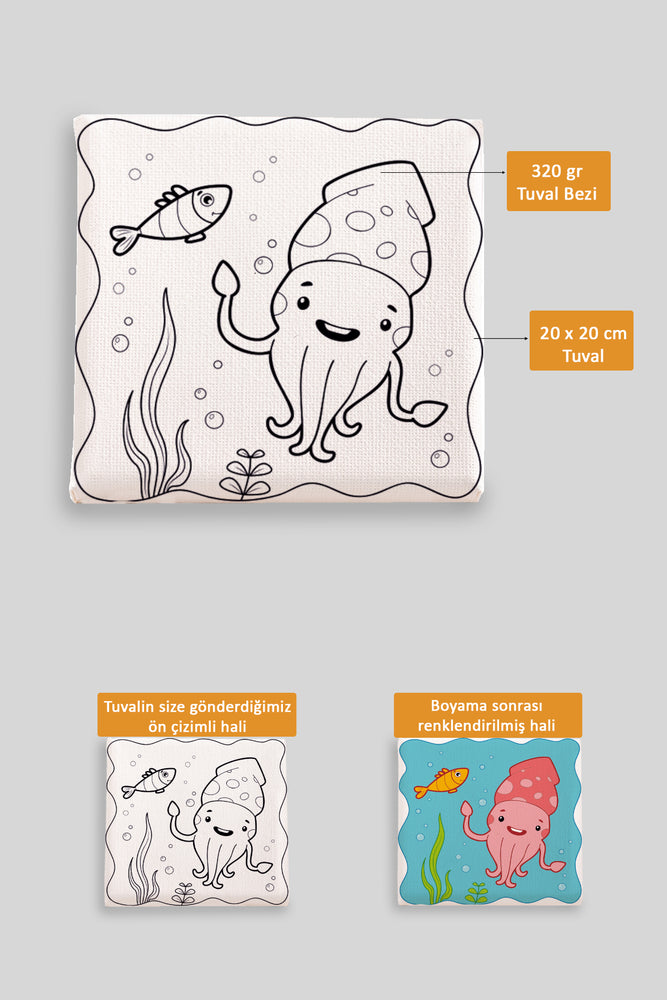 Sevimli Denizaltı Canlıları Ön Çizimli Boyama Tuvali 9182