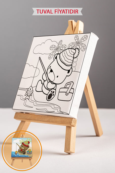 Sevimli Balık Tutan Ayı Ön Çizimli Boyama Tuvali 9067