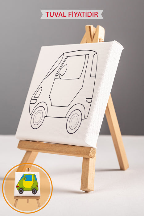 Sevimli Yeşil Araba Ön Çizimli Boyama Tuvali 9025